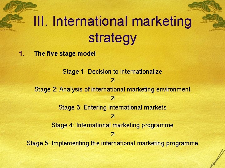 III. International marketing strategy 1. The five stage model Stage 1: Decision to internationalize