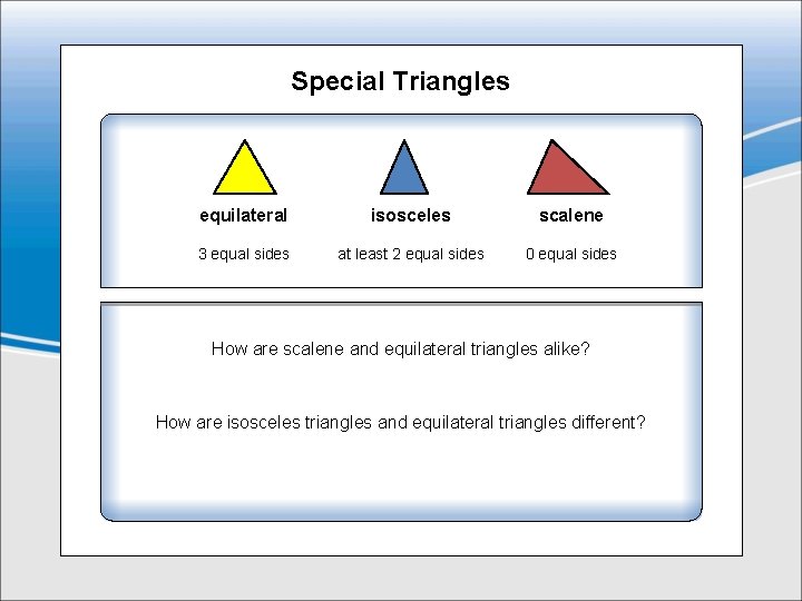 Special Triangles equilateral isosceles scalene 3 equal sides at least 2 equal sides 0