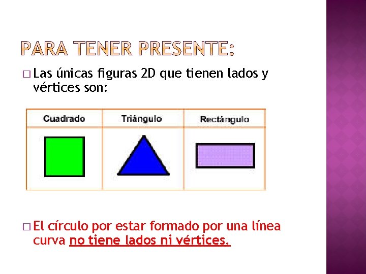 � Las únicas figuras 2 D que tienen lados y vértices son: � El