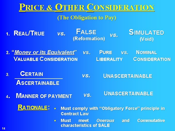 PRICE & OTHER CONSIDERATION (The Obligation to Pay) vs. FALSE 1. REAL/TRUE (Reformation) SIMULATED