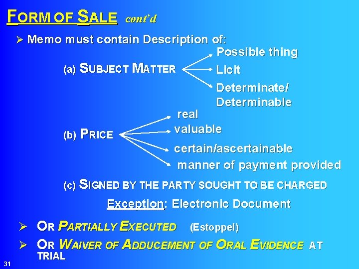 FORM OF SALE cont’d Ø Memo must contain Description of: (a) SUBJECT MATTER Possible