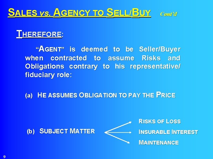 SALES vs. AGENCY TO SELL/BUY Cont’d THEREFORE: “AGENT” is deemed to be Seller/Buyer when