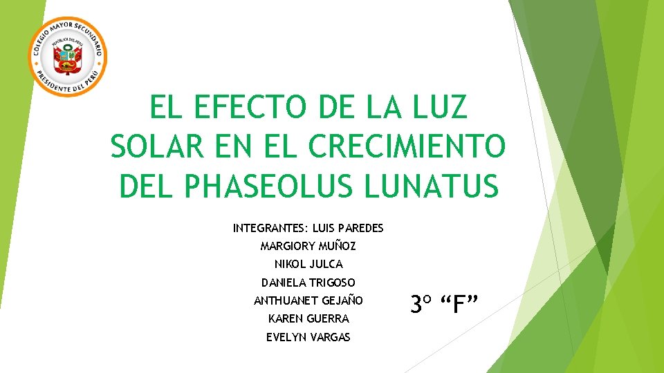 EL EFECTO DE LA LUZ SOLAR EN EL CRECIMIENTO DEL PHASEOLUS LUNATUS INTEGRANTES: LUIS