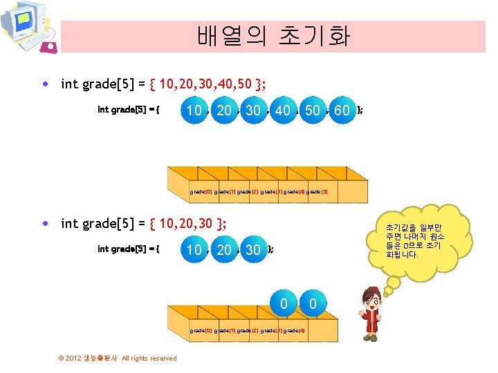 배열의 초기화 · int grade[5] = { 10, 20, 30, 40, 50 }; int