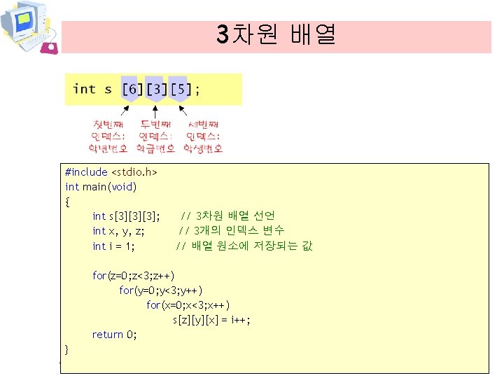 3차원 배열 #include <stdio. h> int main(void) { int s[3][3][3]; // 3차원 배열 선언