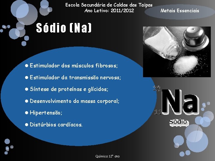 Escola Secundária de Caldas Taipas Ano Letivo: 2011/2012 Sódio (Na) Estimulador dos músculos fibrosos;