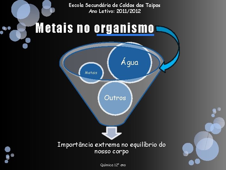 Escola Secundária de Caldas Taipas Ano Letivo: 2011/2012 Metais no organismo Água Metais Outros