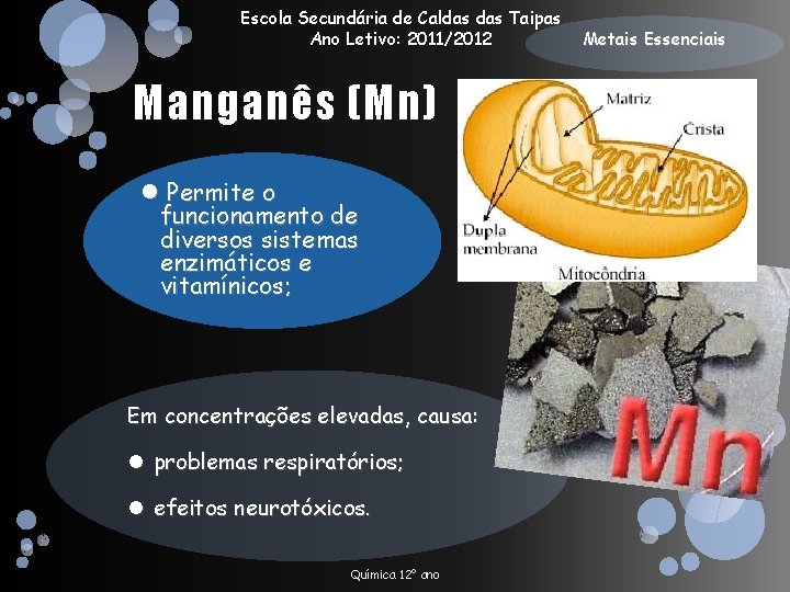 Escola Secundária de Caldas Taipas Ano Letivo: 2011/2012 Manganês (Mn) Permite o funcionamento de