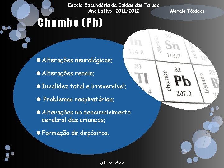 Escola Secundária de Caldas Taipas Ano Letivo: 2011/2012 Chumbo (Pb) Alterações neurológicas; Alterações renais;