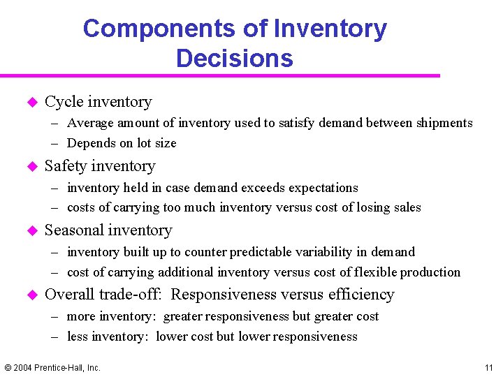 Components of Inventory Decisions u Cycle inventory – Average amount of inventory used to