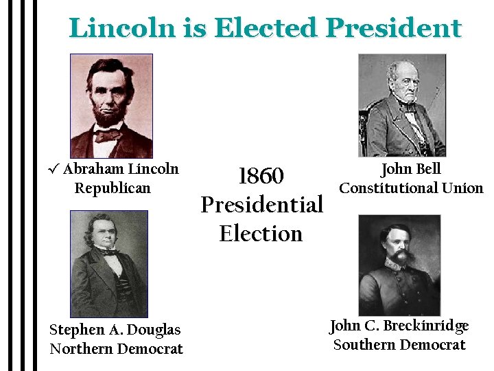 Lincoln is Elected President √ Abraham Lincoln Republican Stephen A. Douglas Northern Democrat 1860