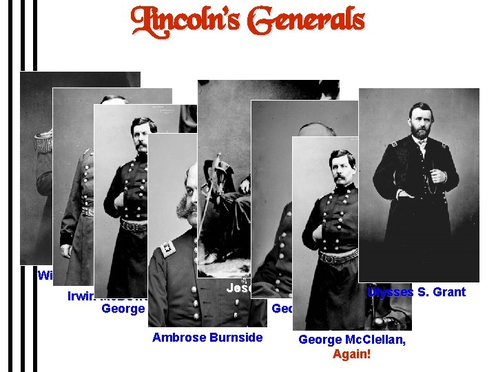 Lincoln’s Generals Winfield Scott Irwin Mc. Dowell George Mc. Clellan Joseph Hooker Ambrose Burnside