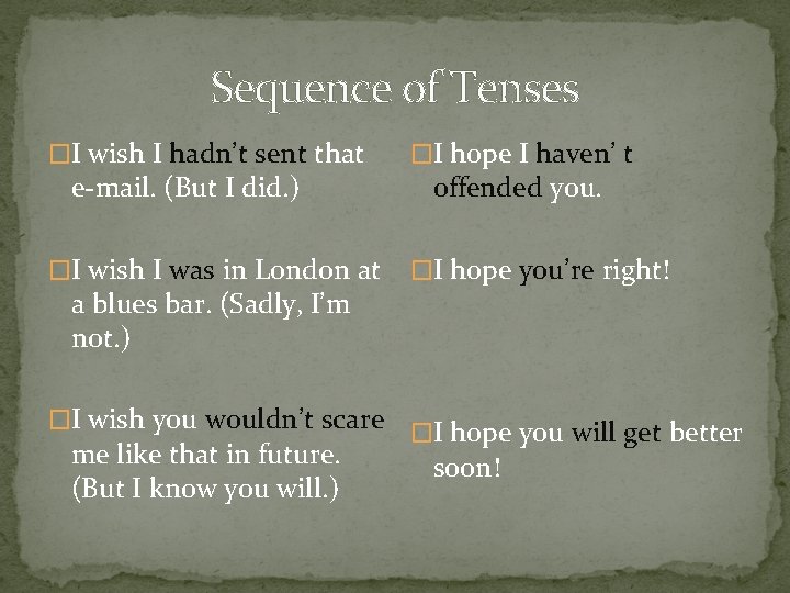 Sequence of Tenses �I wish I hadn’t sent that �I hope I haven’ t