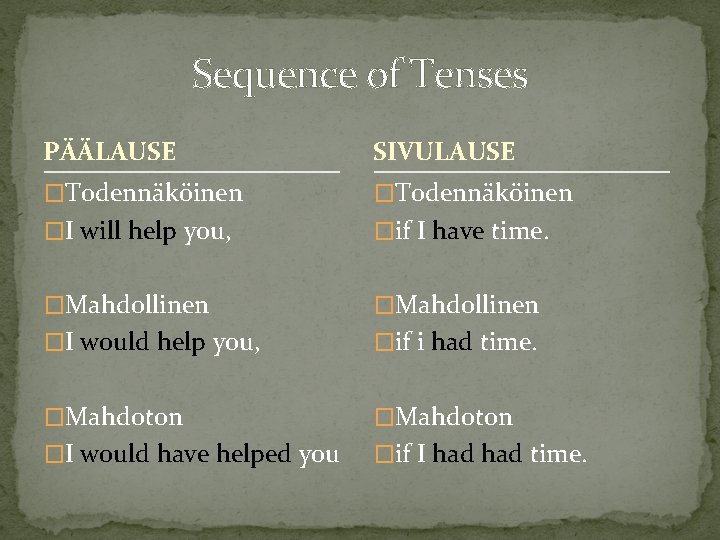 Sequence of Tenses PÄÄLAUSE SIVULAUSE �Todennäköinen �I will help you, �if I have time.