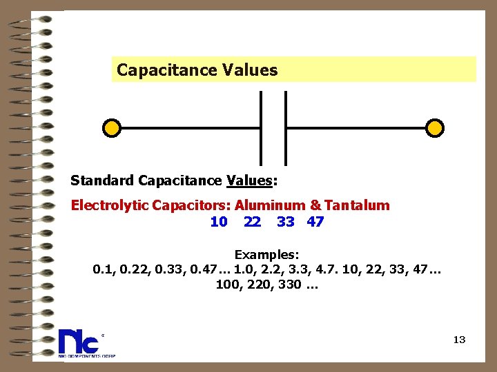 Capacitance Values Standard Capacitance Values: Electrolytic Capacitors: Aluminum & Tantalum 10 22 33 47