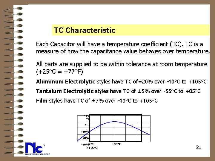 TC Characteristic Each Capacitor will have a temperature coefficient (TC). TC is a measure