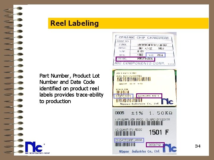 Reel Labeling Part Number, Product Lot Number and Date Code identified on product reel