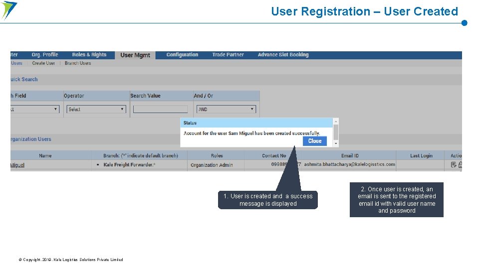 User Registration – User Created 1. User is created and a success message is