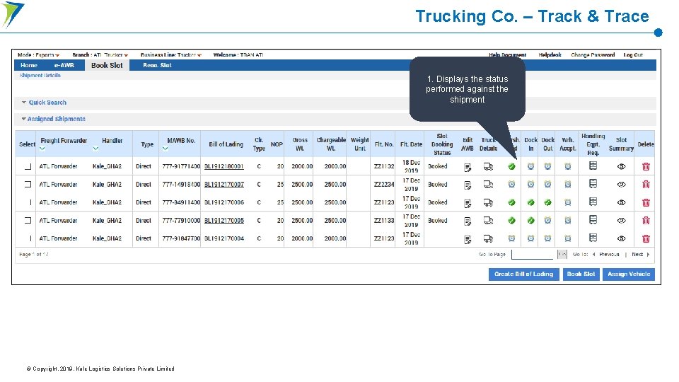 Trucking Co. – Track & Trace 1. Displays the status performed against the shipment