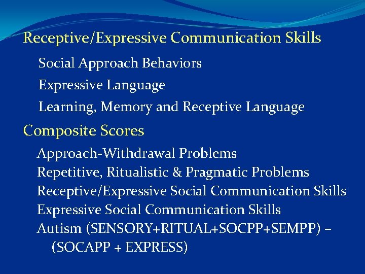 Receptive/Expressive Communication Skills Social Approach Behaviors Expressive Language Learning, Memory and Receptive Language Composite