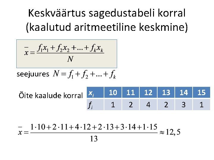 Keskväärtus sagedustabeli korral (kaalutud aritmeetiline keskmine) seejuures Õite kaalude korral xi fi 10 1