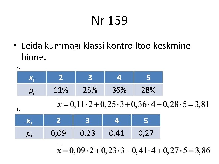 Nr 159 • Leida kummagi klassi kontrolltöö keskmine hinne. A xi pi 2 11%