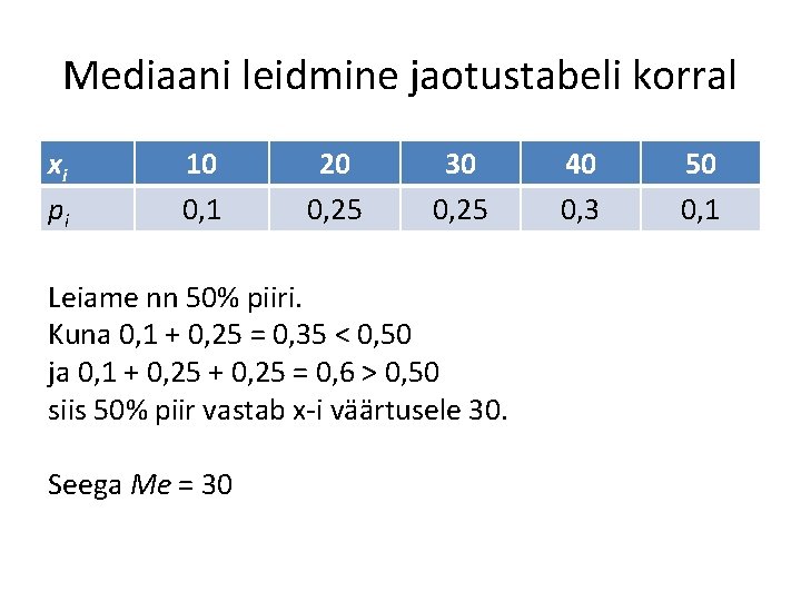 Mediaani leidmine jaotustabeli korral xi pi 10 0, 1 20 0, 25 30 0,