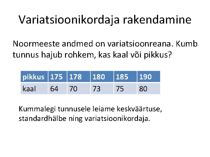 Variatsioonikordaja rakendamine Noormeeste andmed on variatsioonreana. Kumb tunnus hajub rohkem, kas kaal või pikkus?