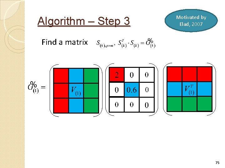 Algorithm – Step 3 Motivated by Elad, 2007 Find a matrix 75 