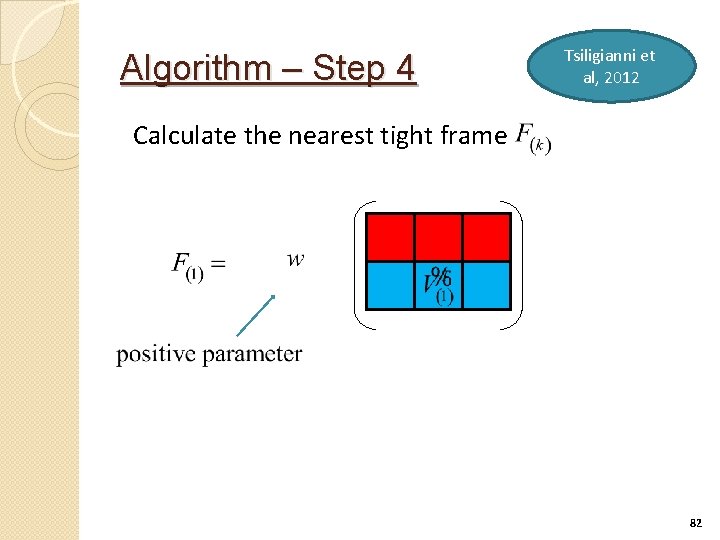 Algorithm – Step 4 Tsiligianni et al, 2012 Calculate the nearest tight frame 82