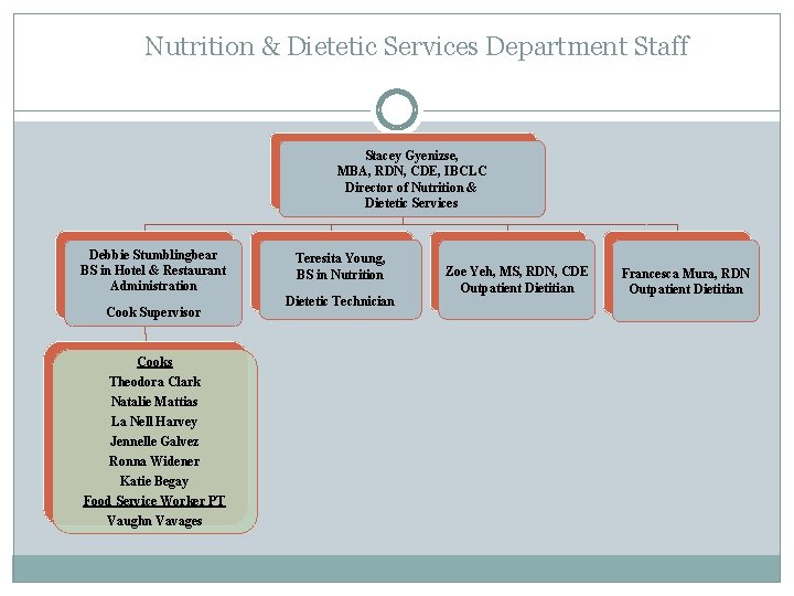 Nutrition & Dietetic Services Department Staff Stacey Gyenizse, MBA, RDN, CDE, IBCLC Director of