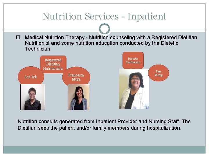 Nutrition Services - Inpatient Medical Nutrition Therapy - Nutrition counseling with a Registered Dietitian
