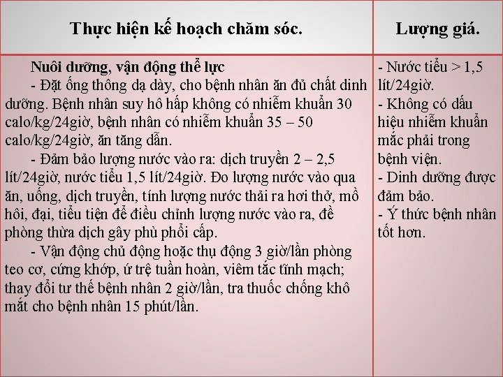 Thực hiện kế hoạch chăm sóc. Lượng giá. Nuôi dưỡng, vận động thể lực