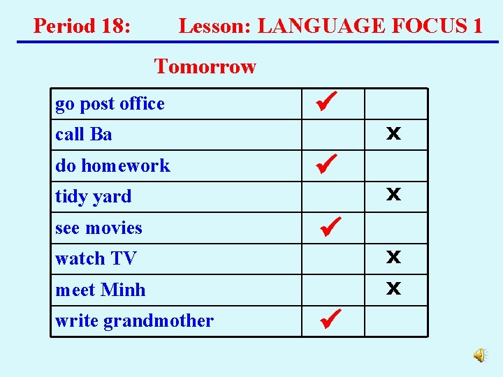 Period 18: Lesson: LANGUAGE FOCUS 1 Tomorrow go post office call Ba do homework Period 18: Lesson: LANGUAGE FOCUS 1 Tomorrow go post office call Ba do homework