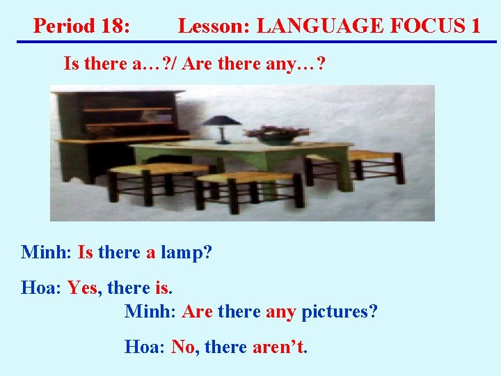 Period 18: Lesson: LANGUAGE FOCUS 1 Is there a…? / Are there any…? Minh: Period 18: Lesson: LANGUAGE FOCUS 1 Is there a…? / Are there any…? Minh: