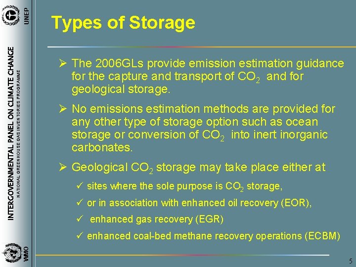 UNEP INTERGOVERNMENTAL PANEL ON CLIMATE CHANGE Types of Storage NATIONAL GREENHOUSE GAS INVENTORIES PROGRAMME