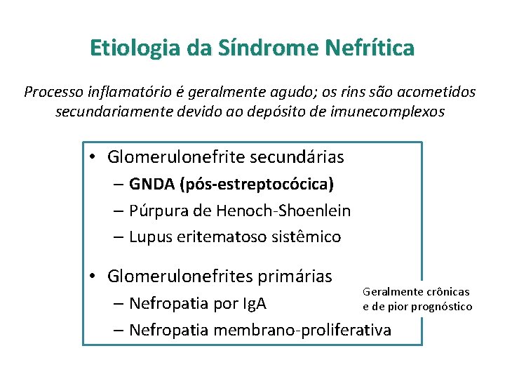 Etiologia da Síndrome Nefrítica Processo inflamatório é geralmente agudo; os rins são acometidos secundariamente