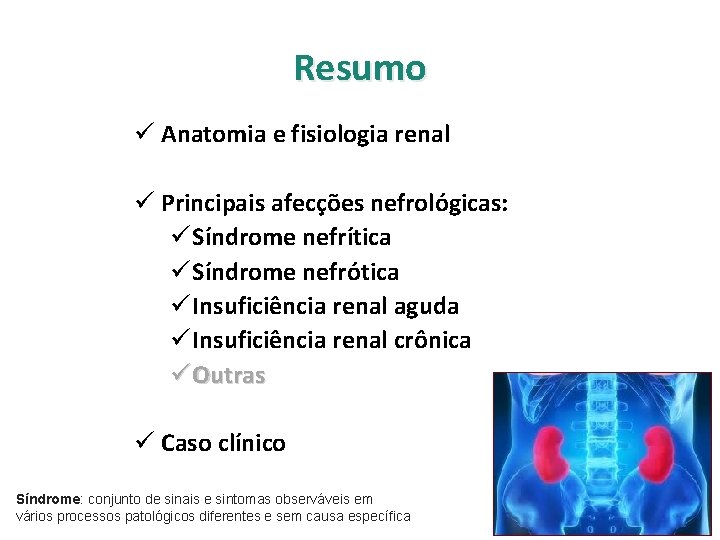 Resumo ü Anatomia e fisiologia renal ü Principais afecções nefrológicas: ü Síndrome nefrítica ü