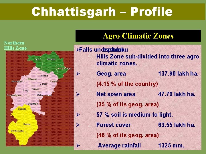 Chhattisgarh – Profile Agro Climatic Zones Northern Hills Zone ØFalls under eastern plateau and