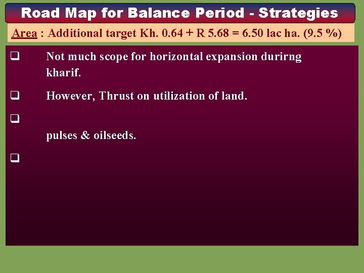 Road Map for Balance Period - Strategies Area : Additional target Kh. 0. 64