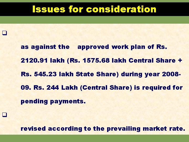 Issues for consideration q as against the approved work plan of Rs. 2120. 91