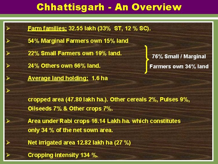 Chhattisgarh - An Overview Ø Farm families: 32. 55 lakh (33% ST, 12 %