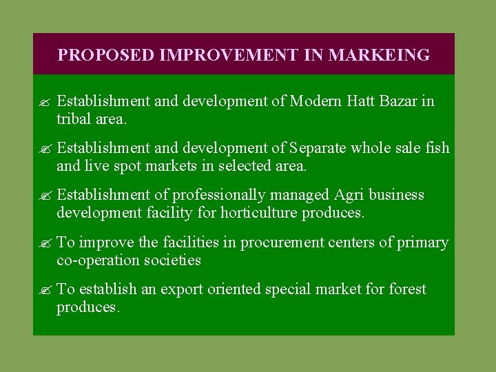 PROPOSED IMPROVEMENT IN MARKEING Establishment and development of Modern Hatt Bazar in tribal area.