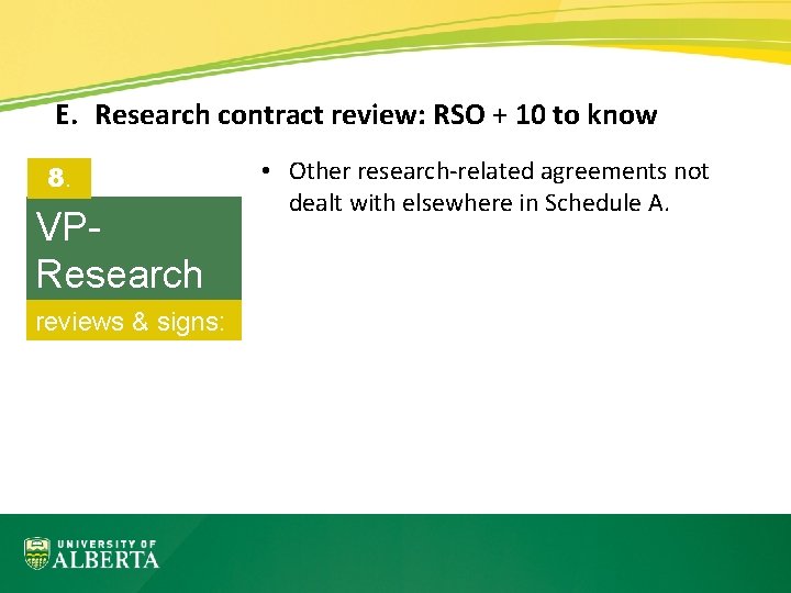 E. Research contract review: RSO + 10 to know 8. VPResearch reviews & signs: