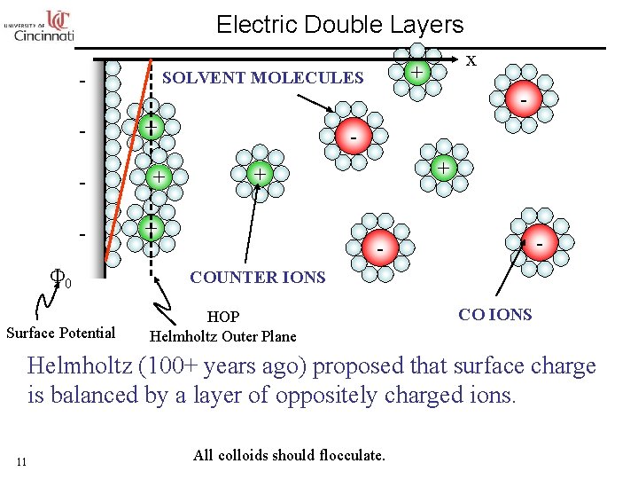 Electric Double Layers Φ 0 Surface Potential + SOLVENT MOLECULES - x - +