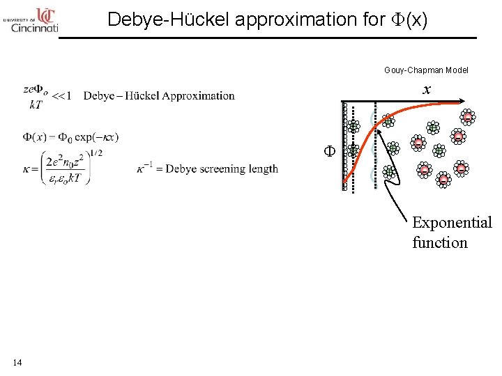 Debye-Hückel approximation for Φ(x) Gouy-Chapman Model x + Φ + + + - -