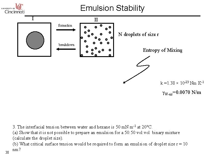 Emulsion Stability I II formation N droplets of size r breakdown Entropy of Mixing