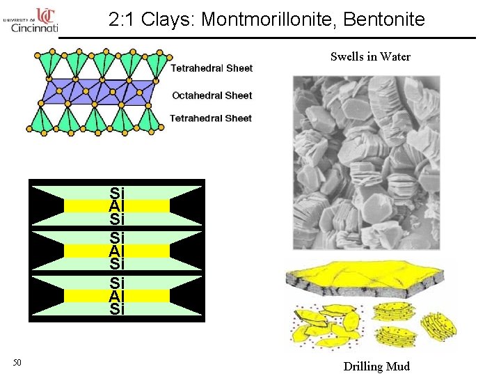 2: 1 Clays: Montmorillonite, Bentonite Swells in Water Si Al Si 50 Drilling Mud