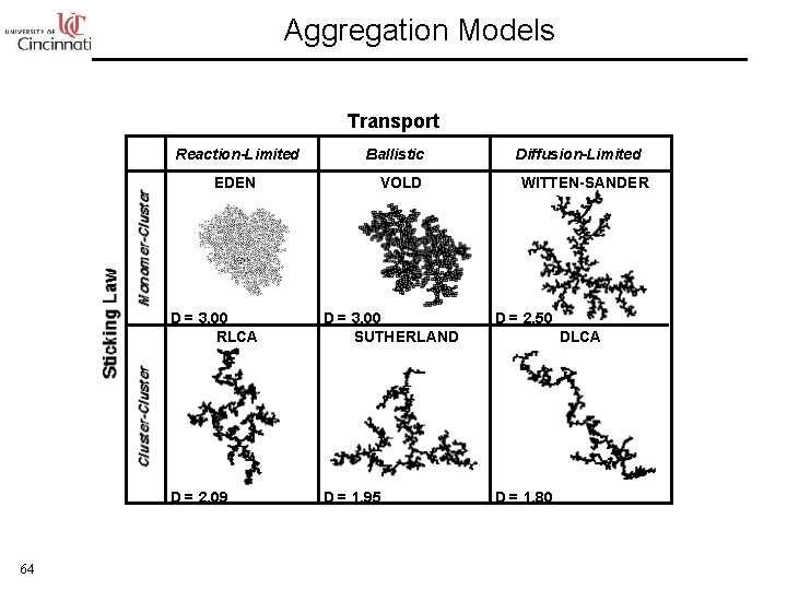 Aggregation Models Transport Reaction-Limited EDEN 64 Ballistic VOLD Diffusion-Limited WITTEN-SANDER D = 3. 00