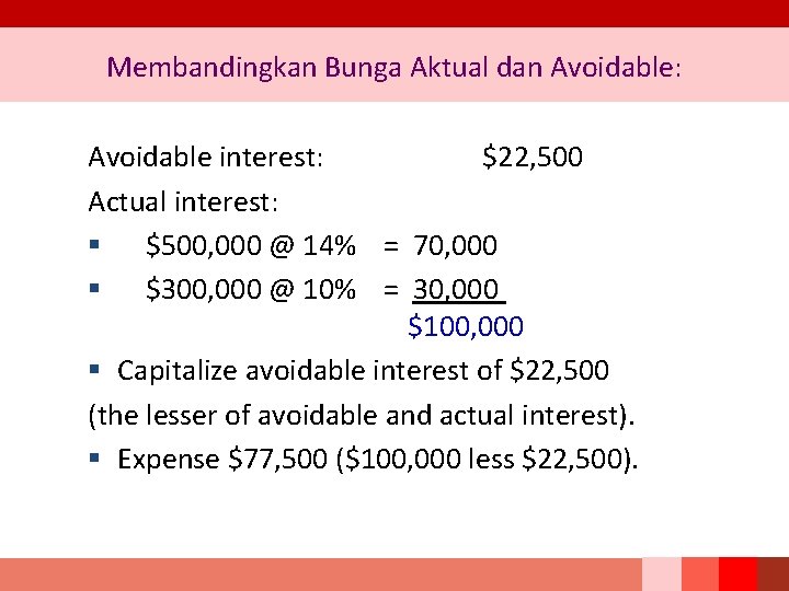 Membandingkan Bunga Aktual dan Avoidable: Avoidable interest: $22, 500 Actual interest: § $500, 000